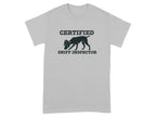 Grey t-shirt with "CERTIFIED SNIFF INSPECTOR" and a dog silhouette.