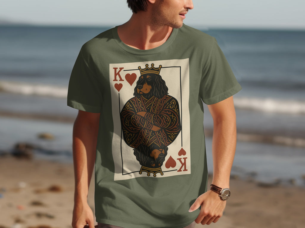 T-shirt features King of Hearts playing card with a black dog wearing a crown.