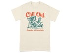 Dog in sunglasses relaxing in a beach chair with a drink, text "Chill Out".