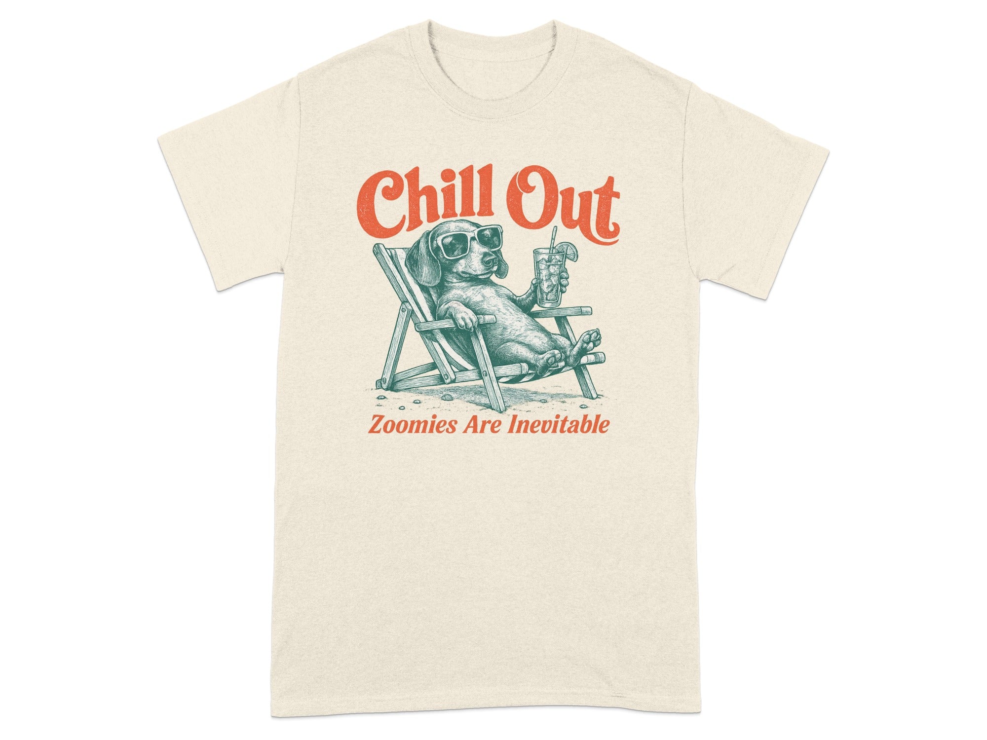 Dog in sunglasses relaxing in a beach chair with a drink, text "Chill Out".