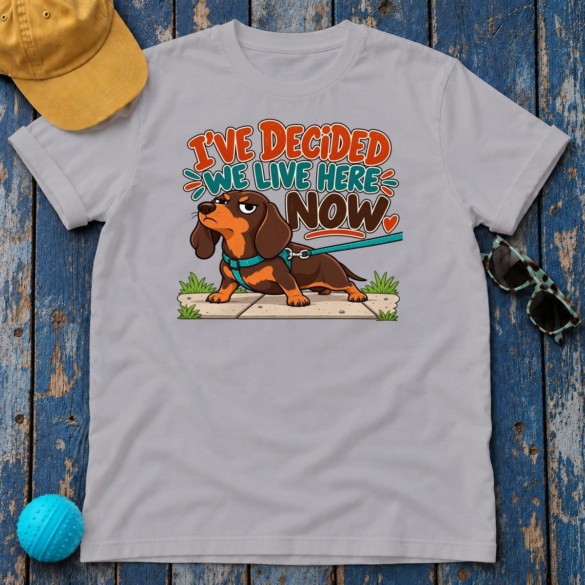 I've Decided We Live Here Now Dachshund T-Shirt in Athletic Heather - flat lay