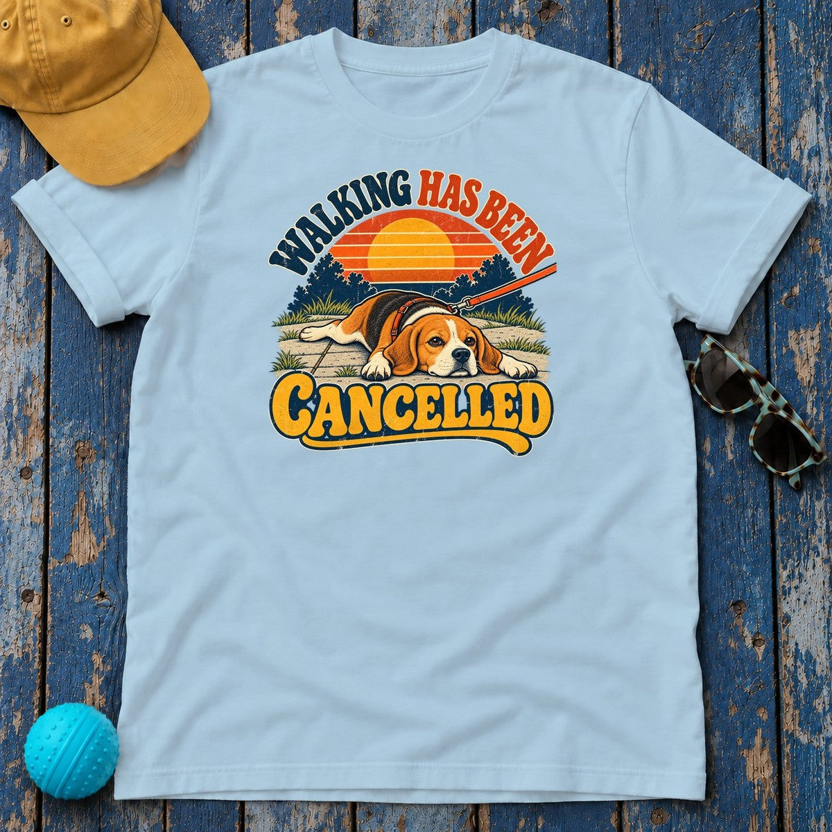 Walking Has Been Cancelled Beagle T-Shirt in Light Blue - flat lay