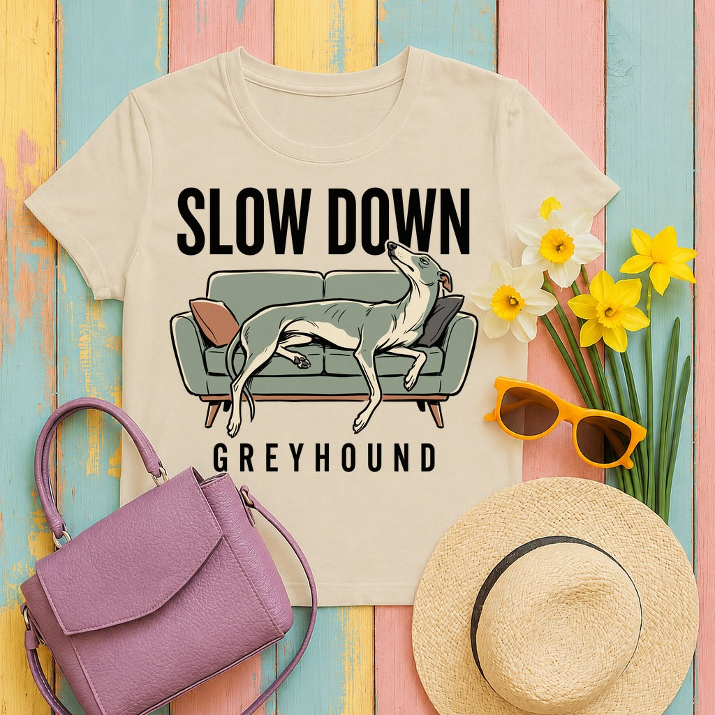 Premium Slow Down Greyhound Art T-Shirt in Sand