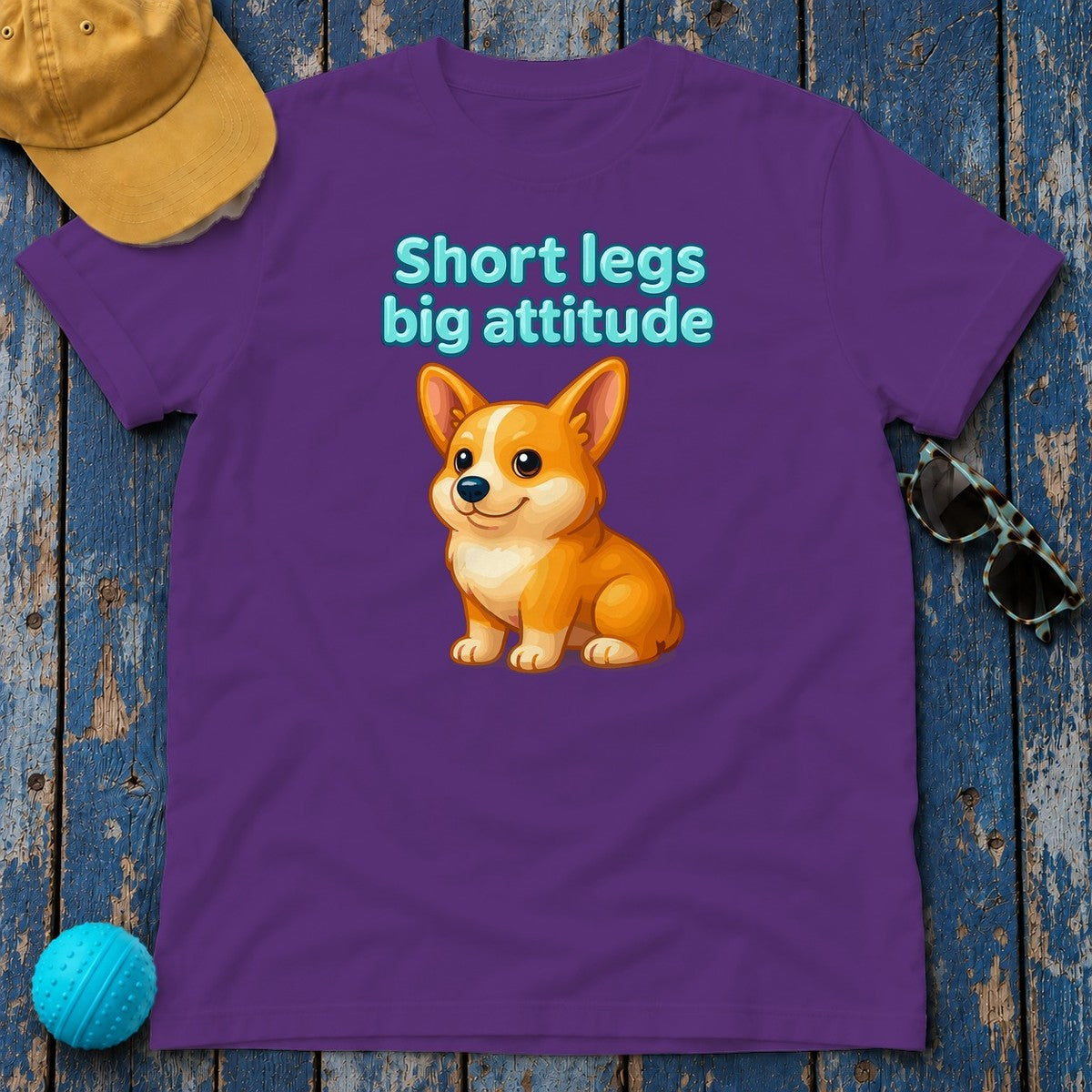 Short Legs Big Attitude T-Shirt, Corgi Dog Shirt, Cute Puppy T-shirt, Funny Animal Shirt, Sassy Dog Lover Gift, Cartoon Dog Apparel in Purple