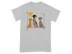 Three dogs in a stylized mid-century modern illustration on a grey t-shirt.