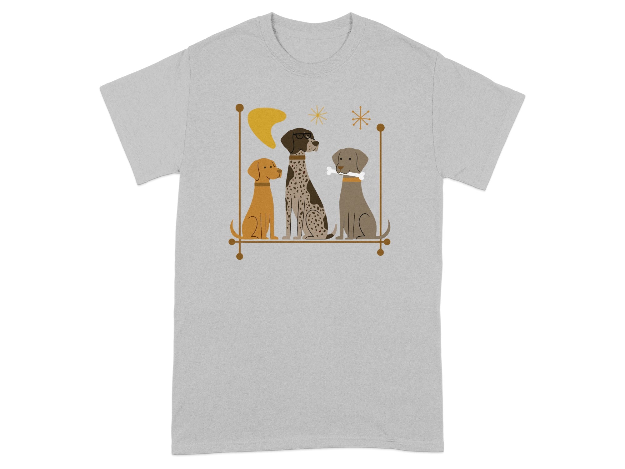 Three dogs in a stylized mid-century modern illustration on a grey t-shirt.
