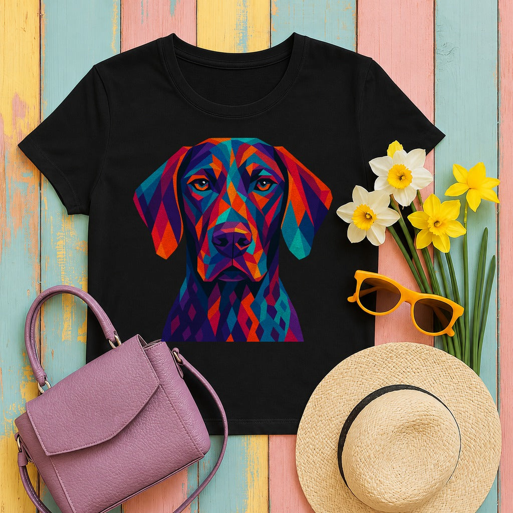 Abstract Geometric Art Vizsla Portrait Colorful Design T-Shirt in Black