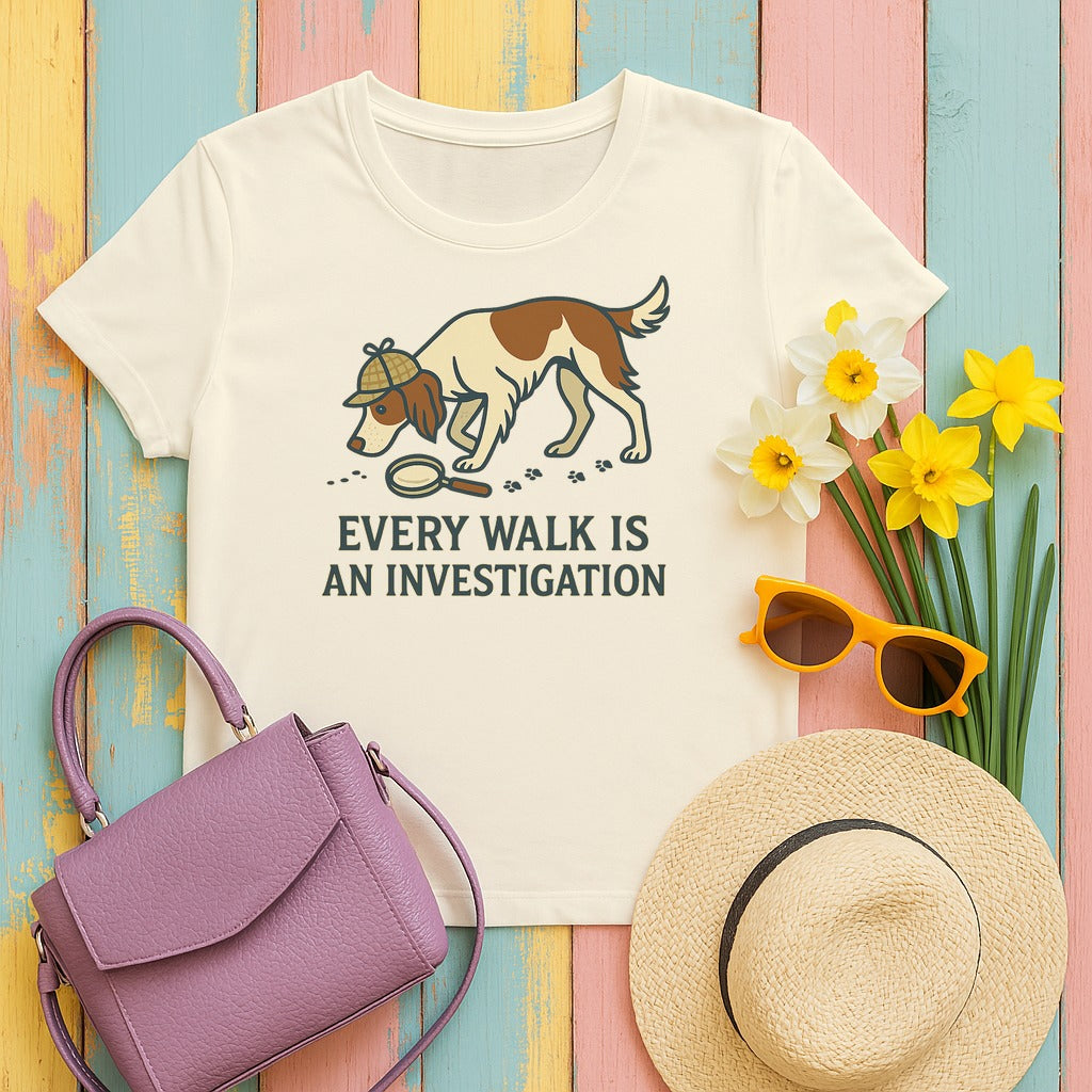 Irish Red and White Setter Every Walk Is an Investigation Tee in Natural