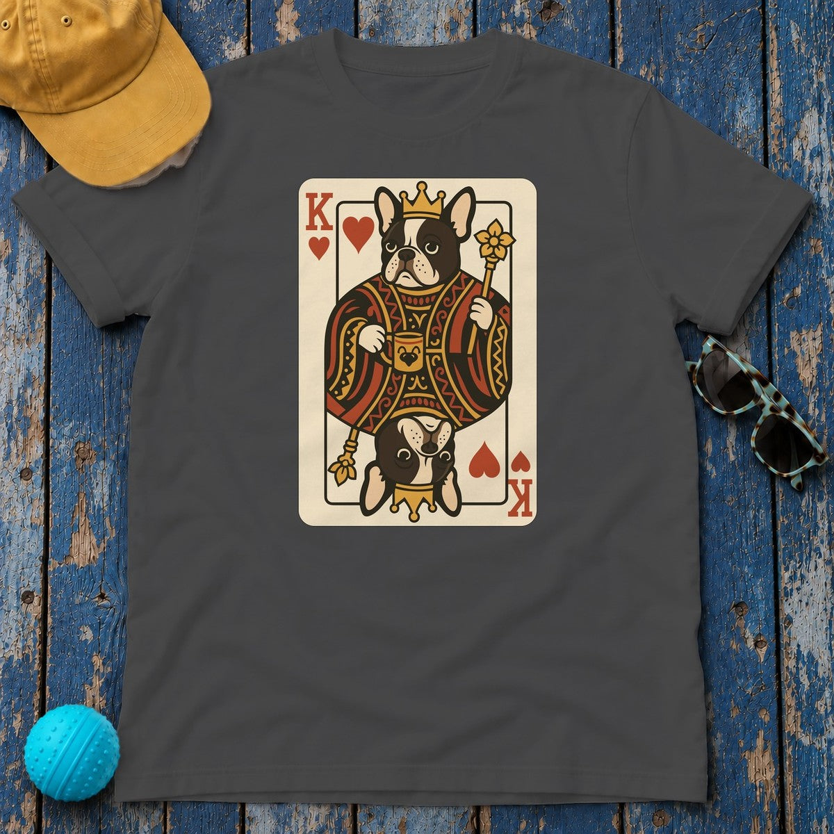King Of Hearts French Bulldog Playing Card Funny Unique Design T-Shirt in Dark Heather