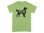 Green t-shirt with black silhouette of a setter dog and the word "SETTER".
