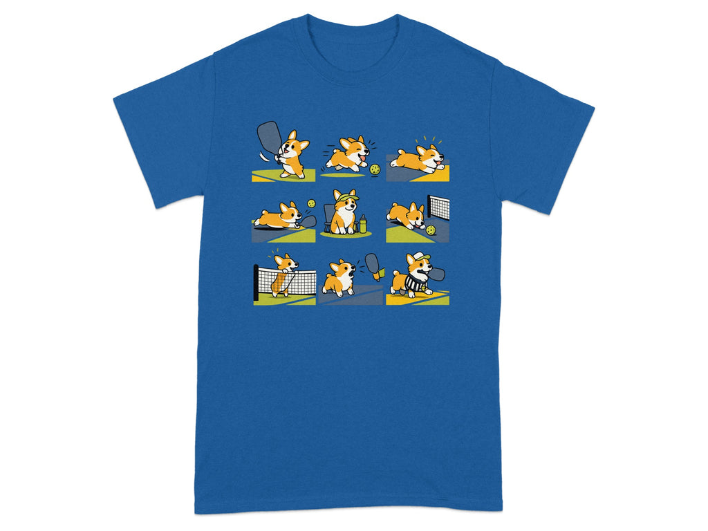 Cute corgi dogs playing pickleball in a nine-panel comic strip design.
