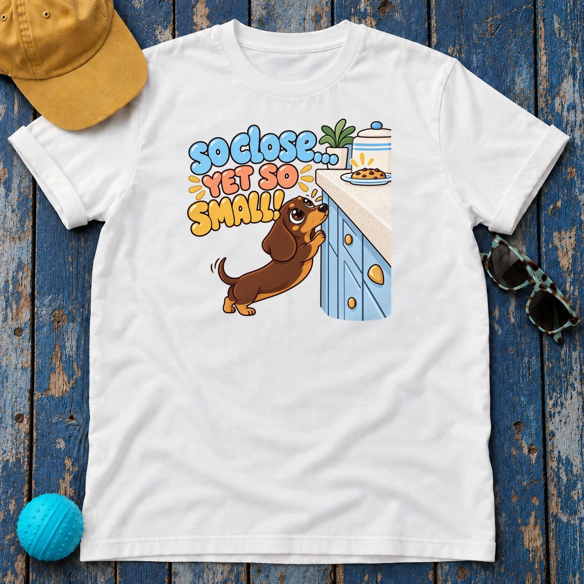 So Close Yet So Small Dachshund T-Shirt in White - flat lay