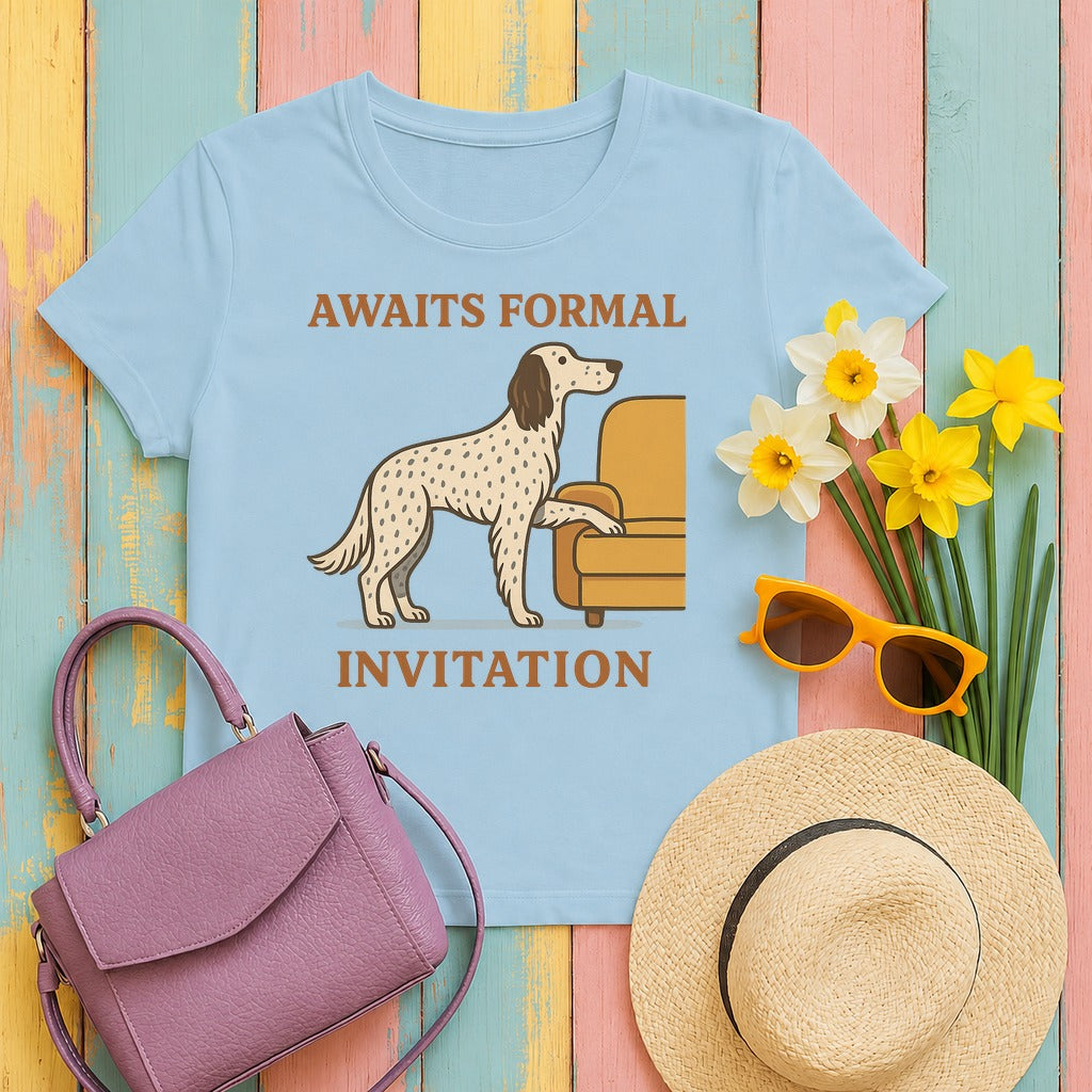 English Setter Awaits Formal Invitation Tee in Light Blue