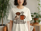 T-shirt with German Shorthaired Pointer and coffee cup graphic and text.