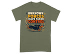 Green t-shirt with text "UNKNOWN FORCES HAVE TAKEN CONTROL THE ZOOMIES" and a dachshund.