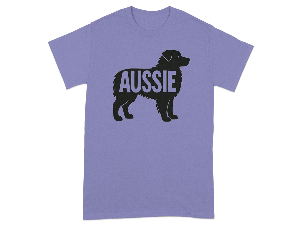 Purple t-shirt with black silhouette of a dog and the word "Aussie".