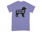 Purple t-shirt with black silhouette of a dog and the word "Aussie".