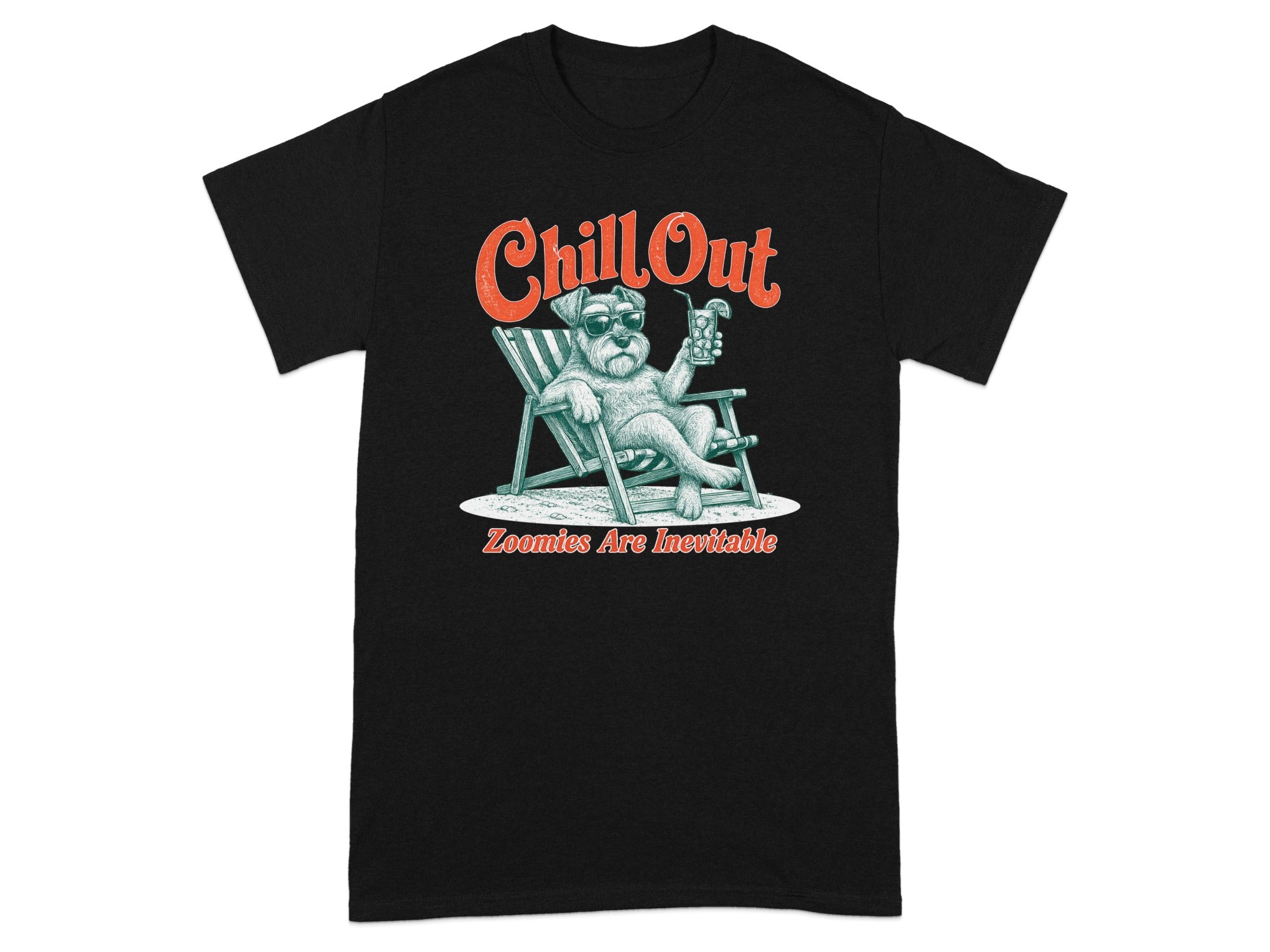 Black t-shirt with a schnauzer wearing sunglasses lounging with a drink; "Chill Out" text above.