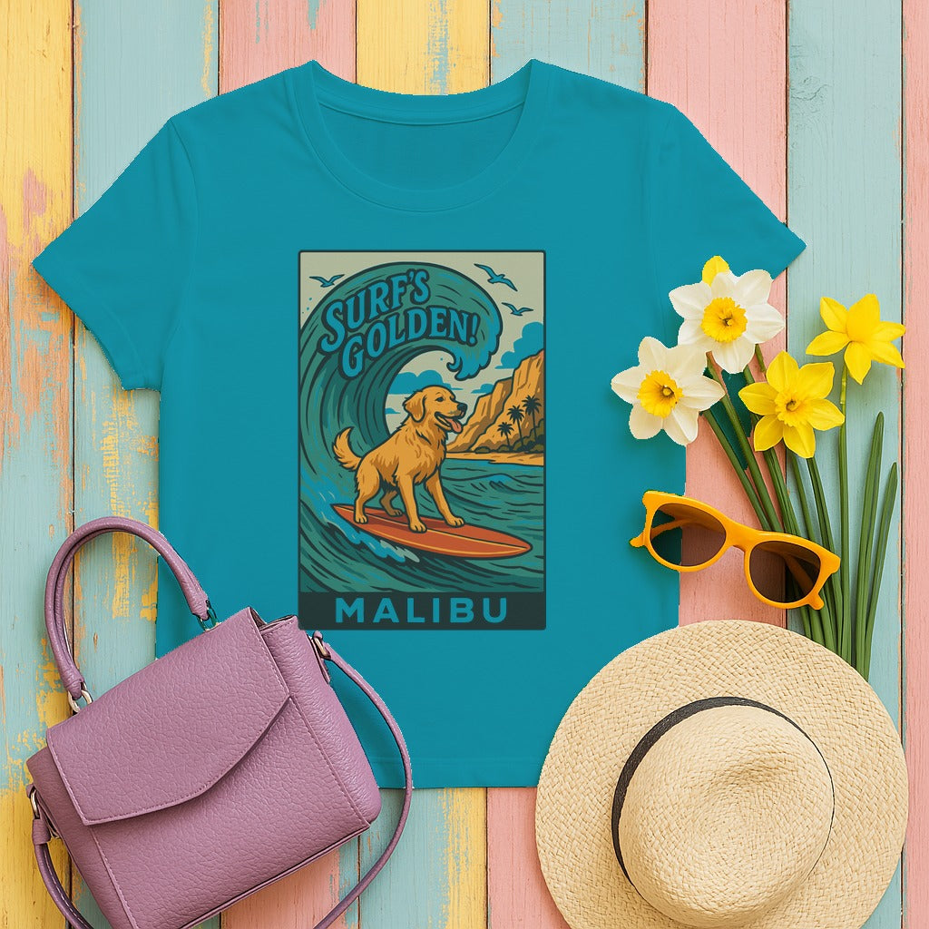 Surf's Golden Malibu Surfing Golden Retriever Dog T-Shirt in Tropical Blue