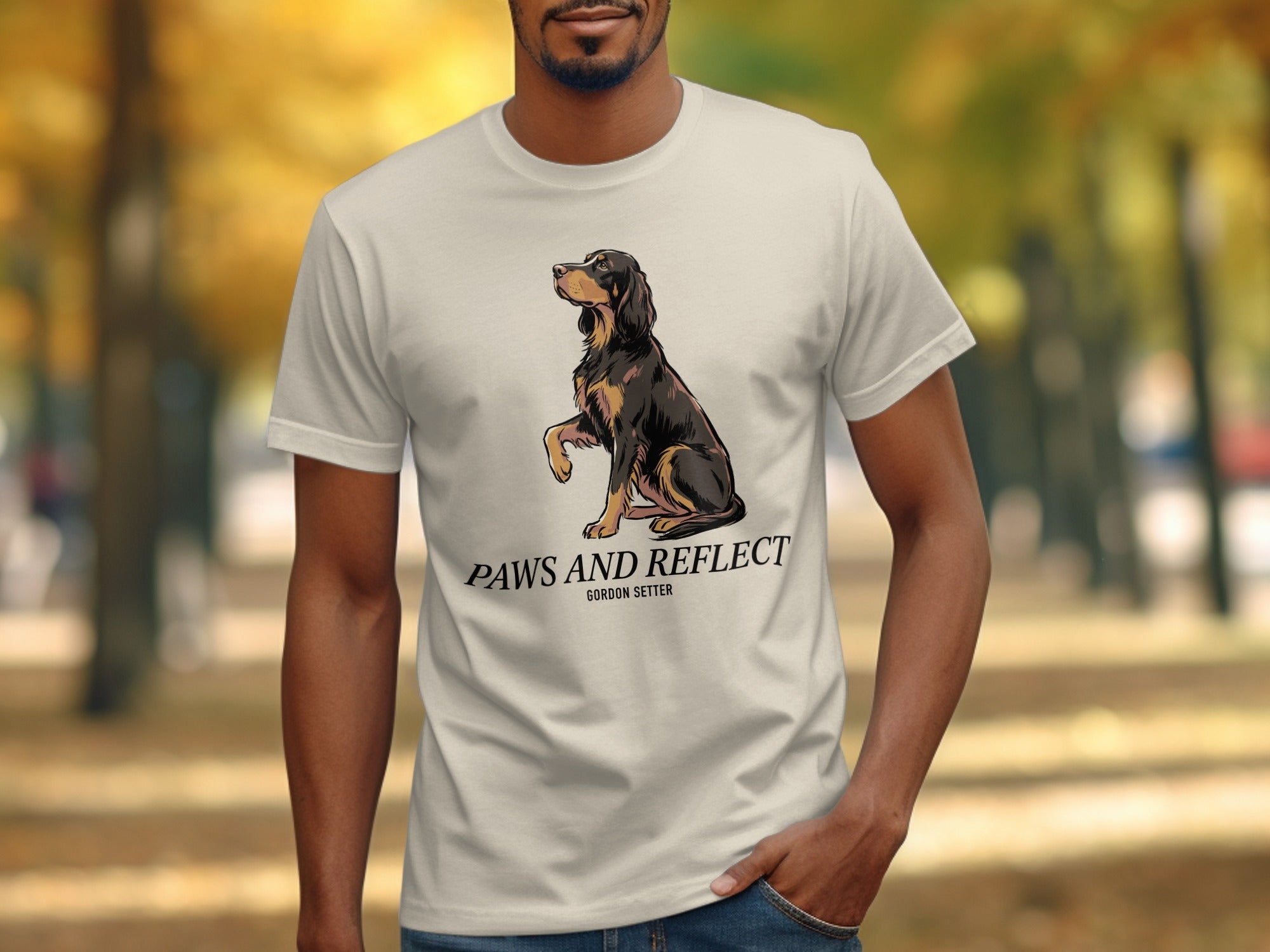 Cream t-shirt with a Gordon Setter dog illustration and text.