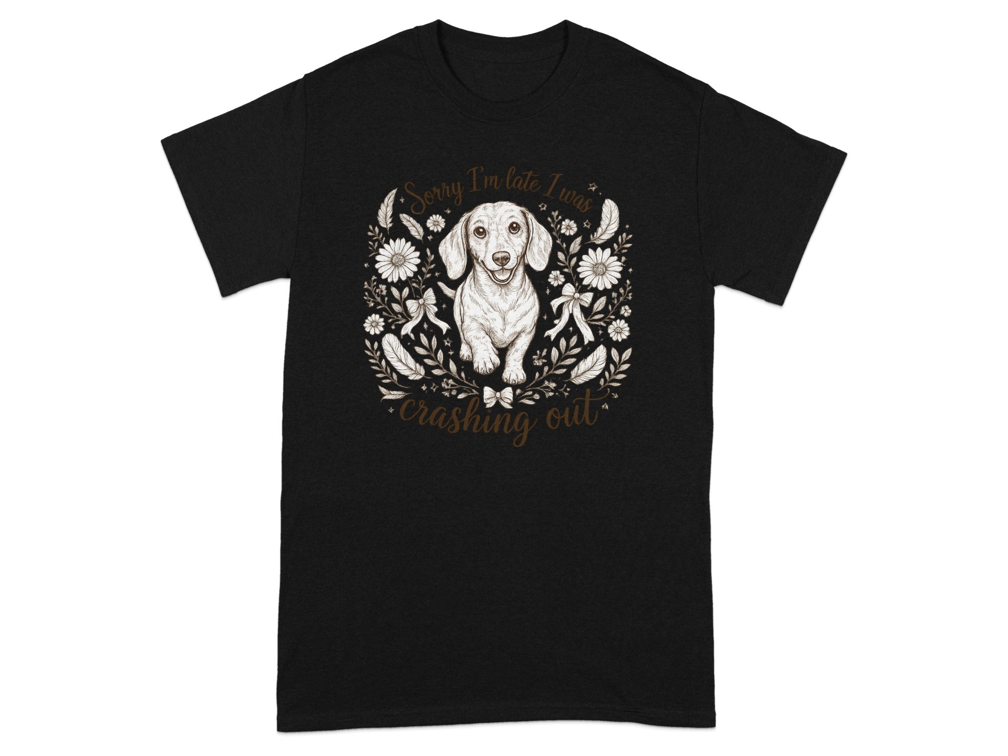 Black t-shirt with graphic of a dachshund surrounded by flowers and text.