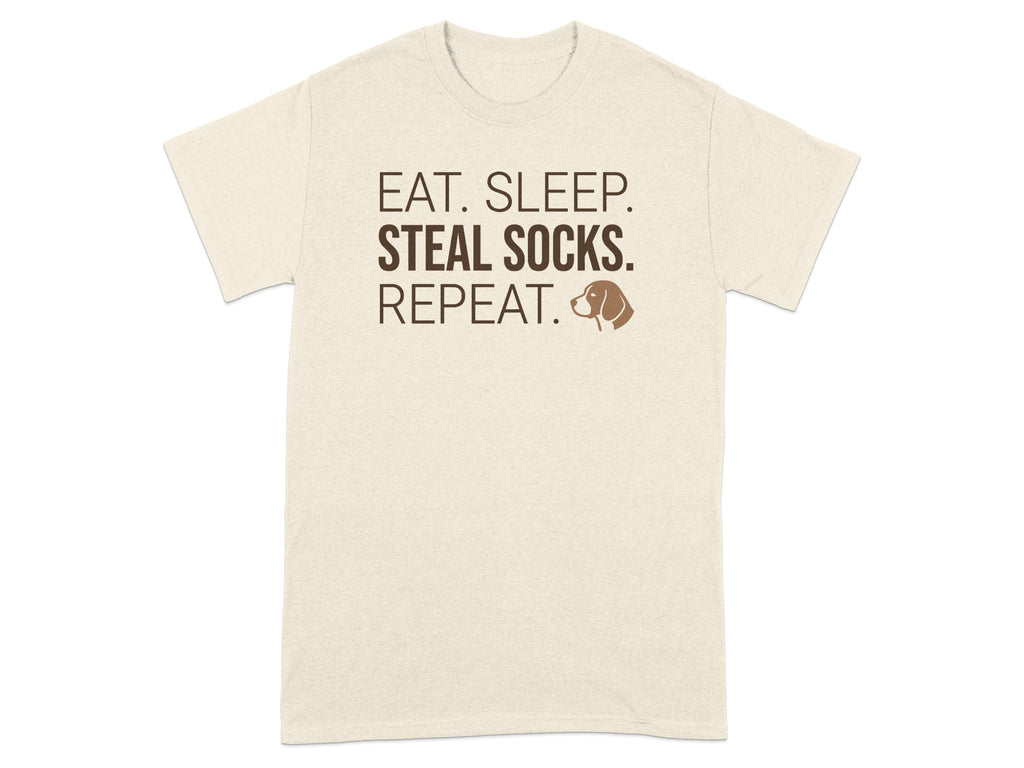 Cream t-shirt with "Eat. Sleep. Steal Socks. Repeat." text and a dog illustration.