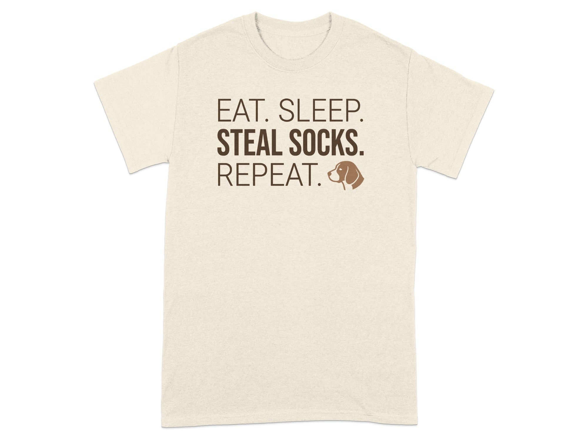 Cream t-shirt with "Eat. Sleep. Steal Socks. Repeat." text and a dog illustration.