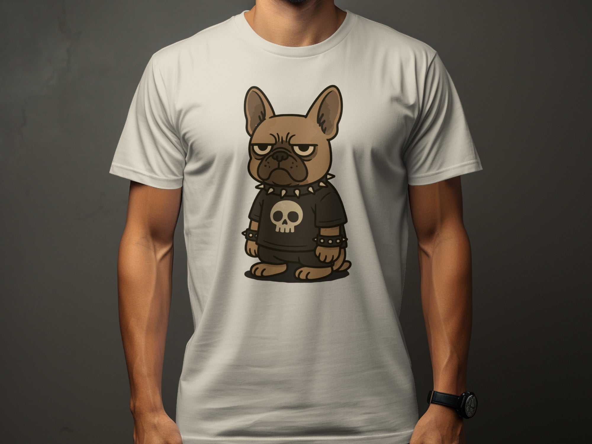 Grumpy Bulldog Wearing Spiked Collar Skull T-shirt