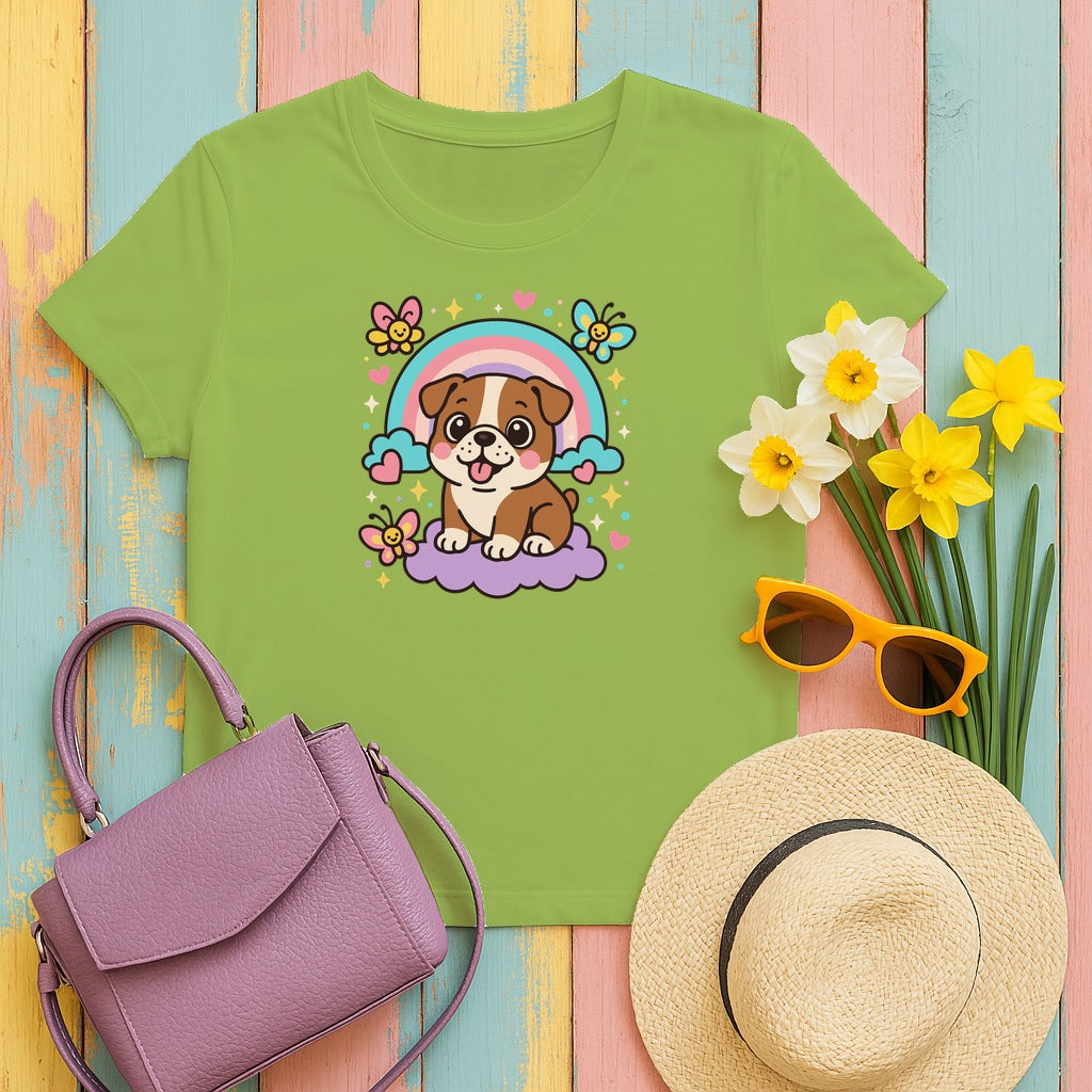 Adorable English Bulldog with Rainbow T-Shirt in Kiwi