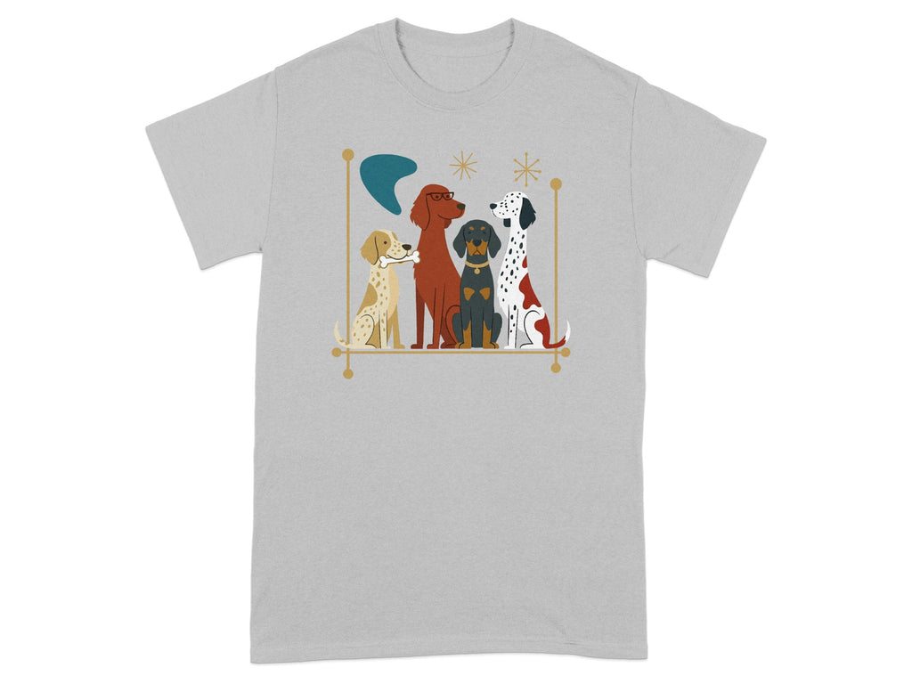 Four dogs in different breeds and colors sit in a frame on a grey t-shirt.