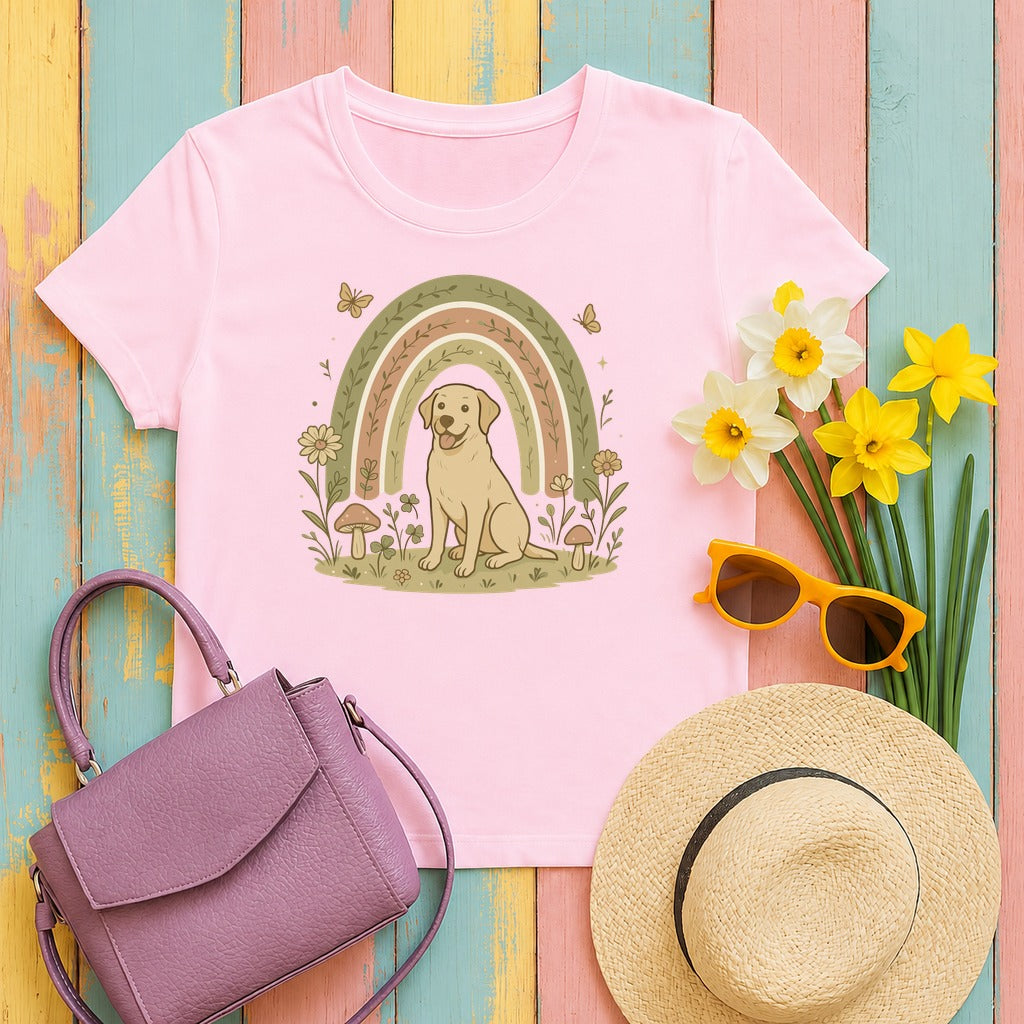 Adorable Labrador in Garden with Rainbow Graphic T-Shirt in Light Pink