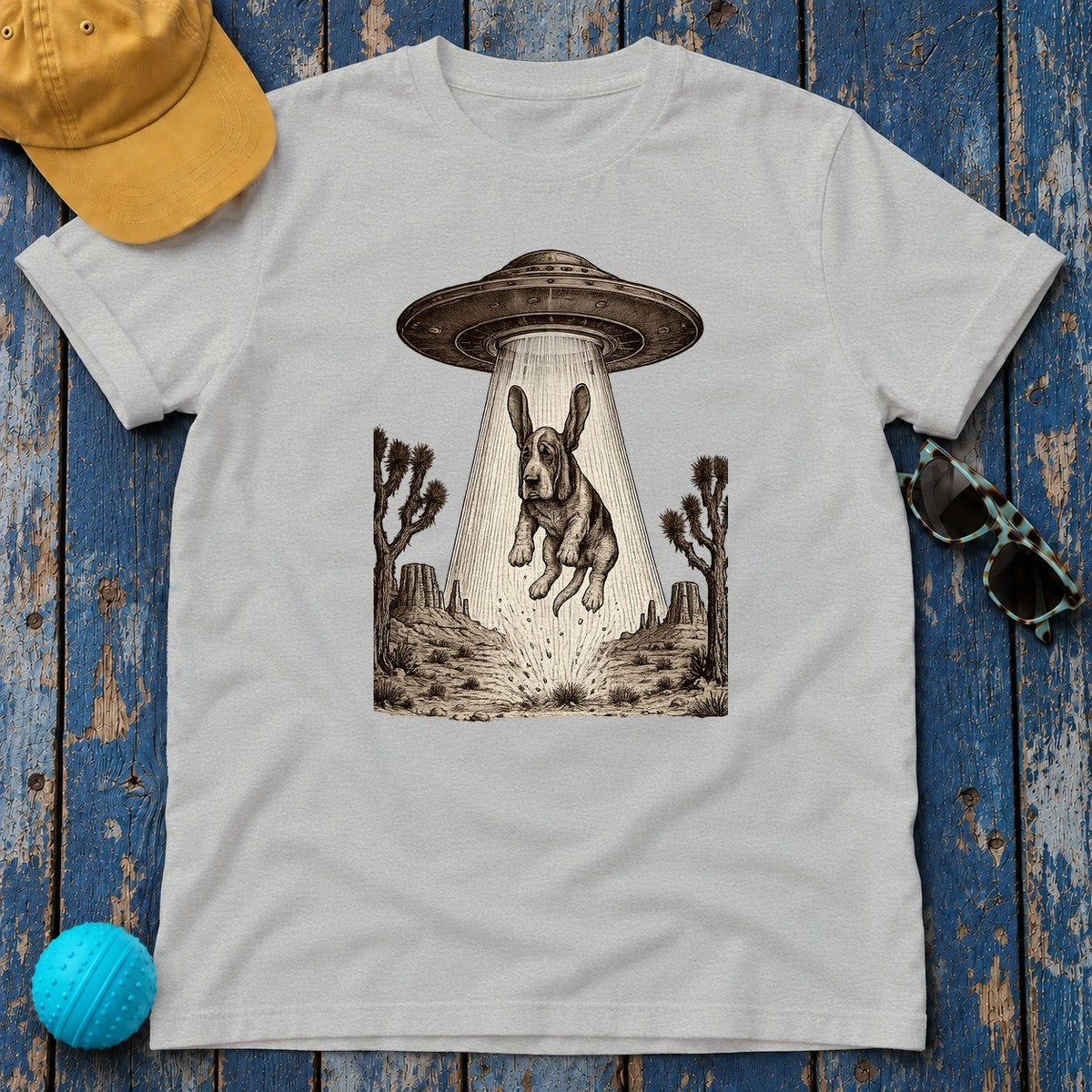 Chill Basset Hound Woodcut Art T-Shirt in Sport Grey