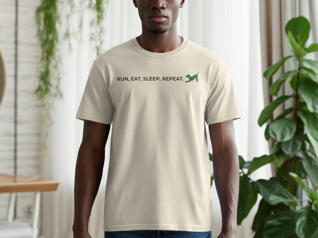 Cream t-shirt with "RUN, EAT, SLEEP, REPEAT" and a dog graphic.