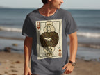 Queen of Hearts playing card graphic featuring a poodle wearing a crown on a t-shirt.