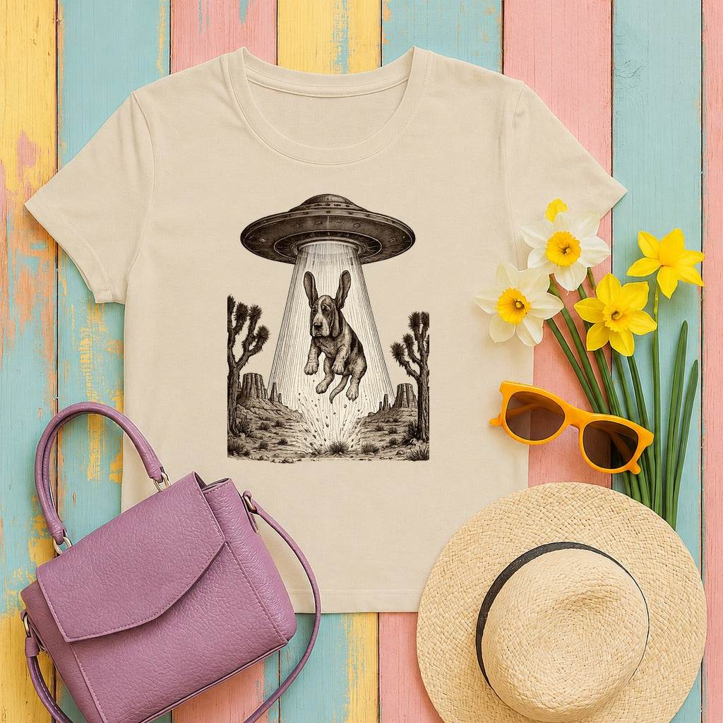 Abducted Basset Hound Odyssey T-Shirt in Sand