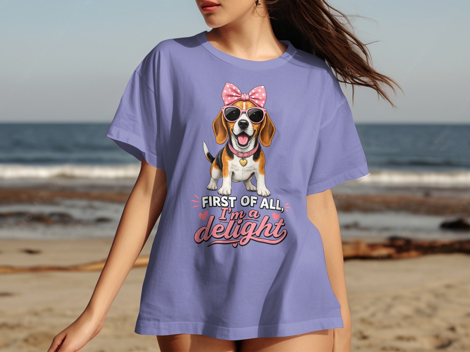 Purple t-shirt with beagle wearing sunglasses and bow, "First of all, I'm a delight".