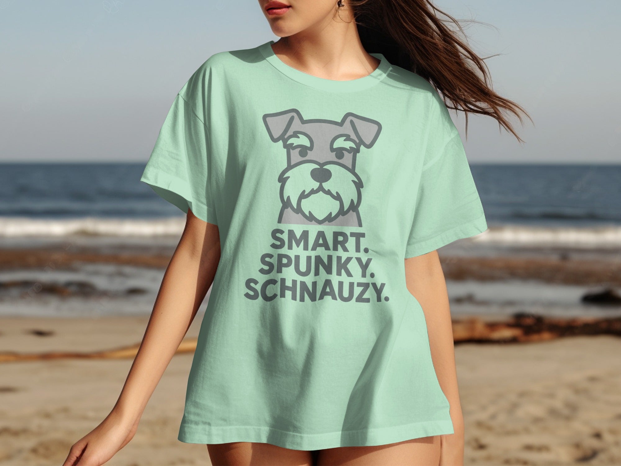 Light green t-shirt with cartoon schnauzer and text "SMART. SPUNKY. SCHNAUZY."