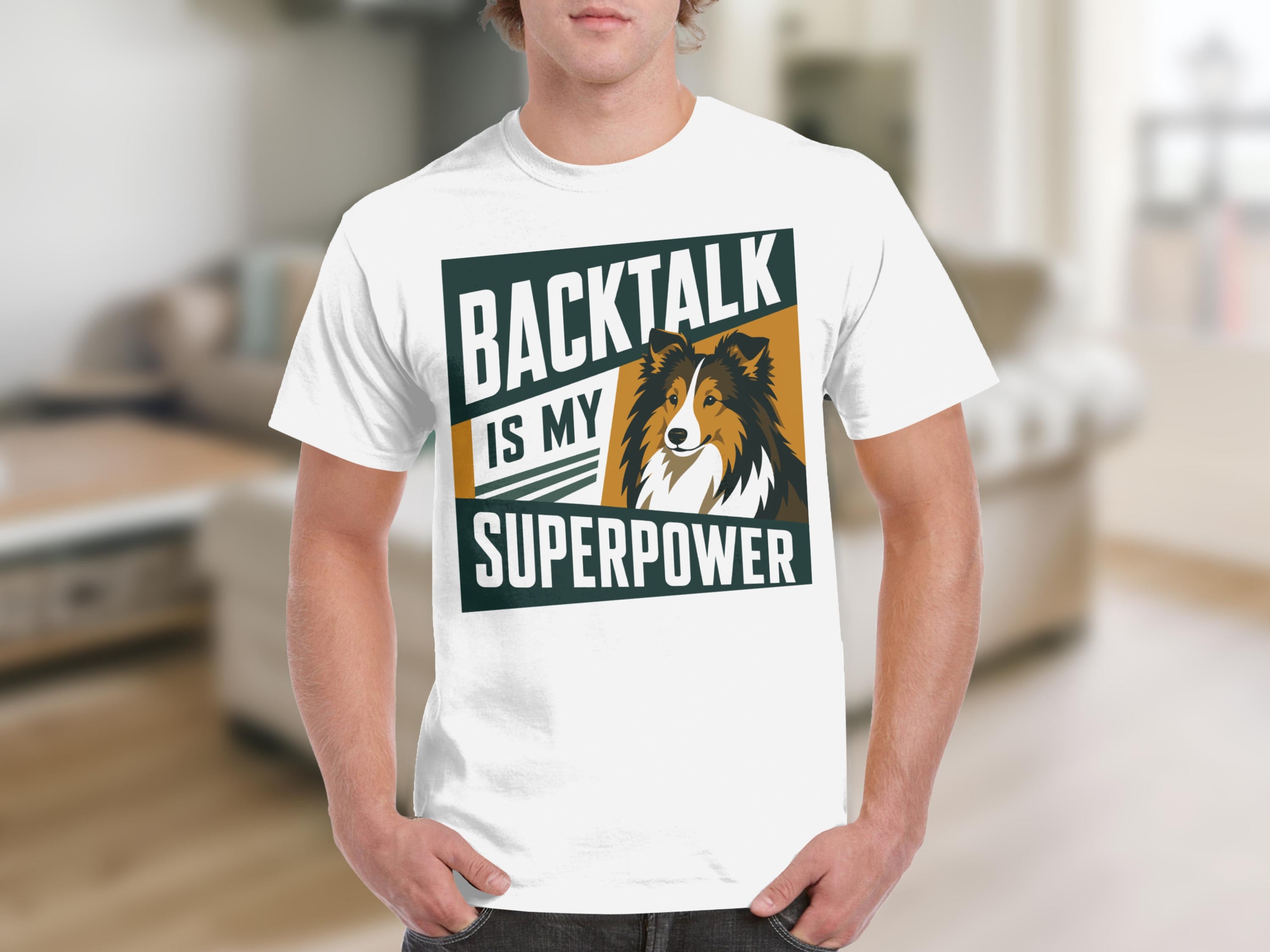 White t-shirt with "BACKTALK IS MY SUPERPOWER" and a dog graphic.