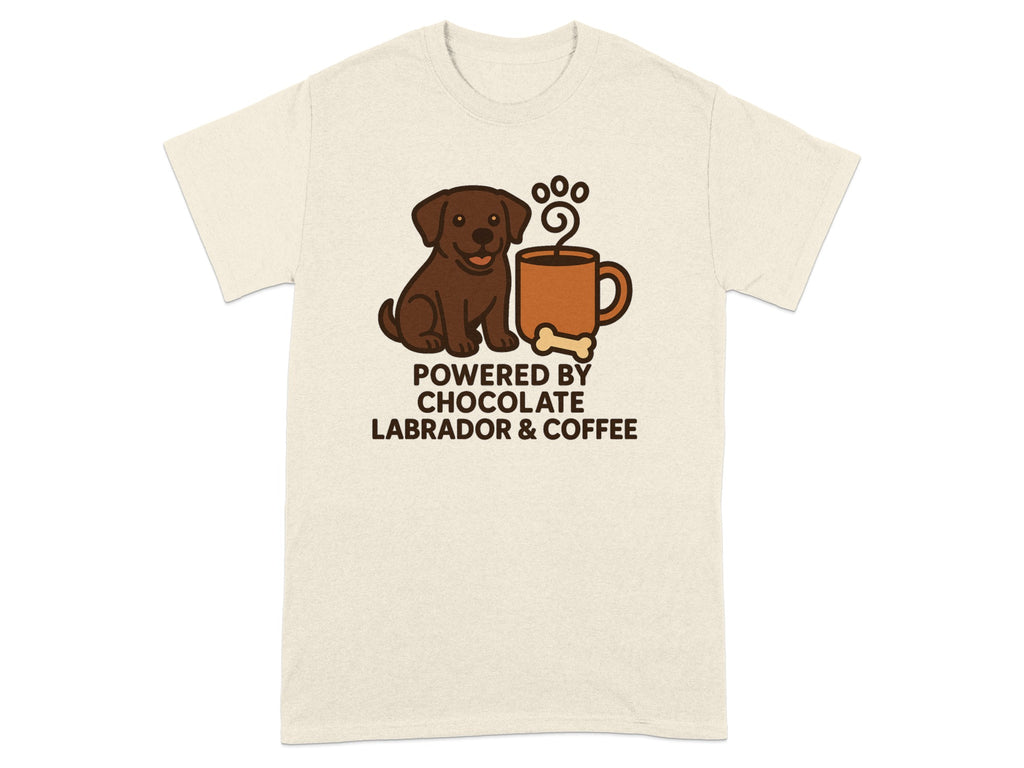 Chocolate Labrador and coffee mug graphic with text "POWERED BY CHOCOLATE LABRADOR & COFFEE."