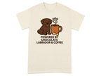Chocolate Labrador and coffee mug graphic with text "POWERED BY CHOCOLATE LABRADOR & COFFEE."