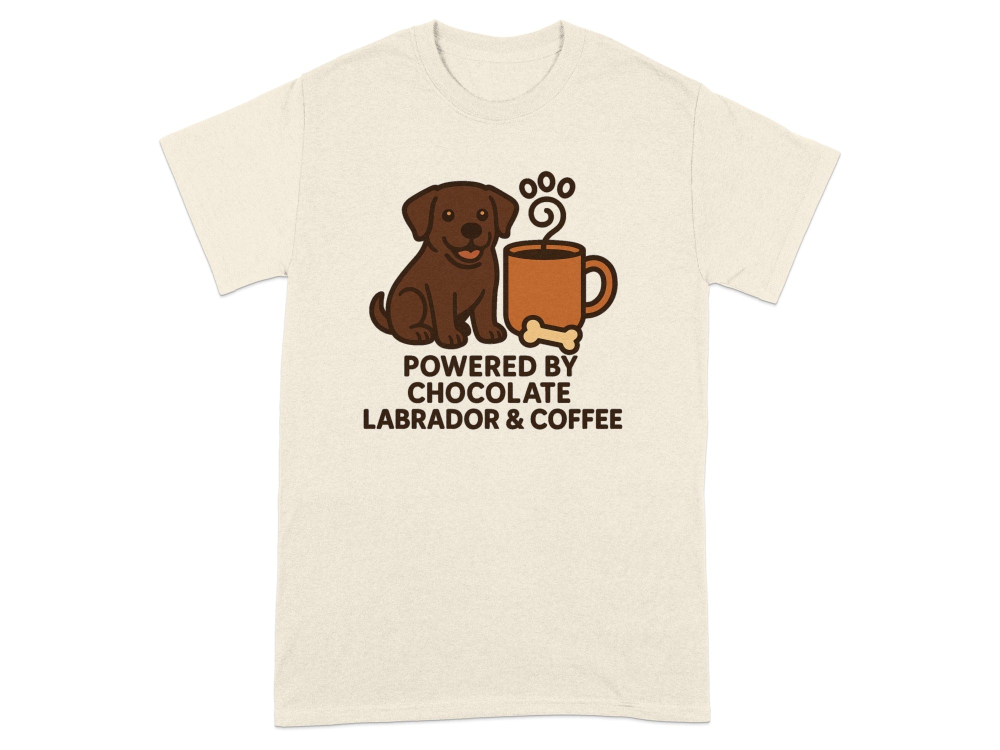 Chocolate Labrador and coffee mug graphic with text "POWERED BY CHOCOLATE LABRADOR & COFFEE."