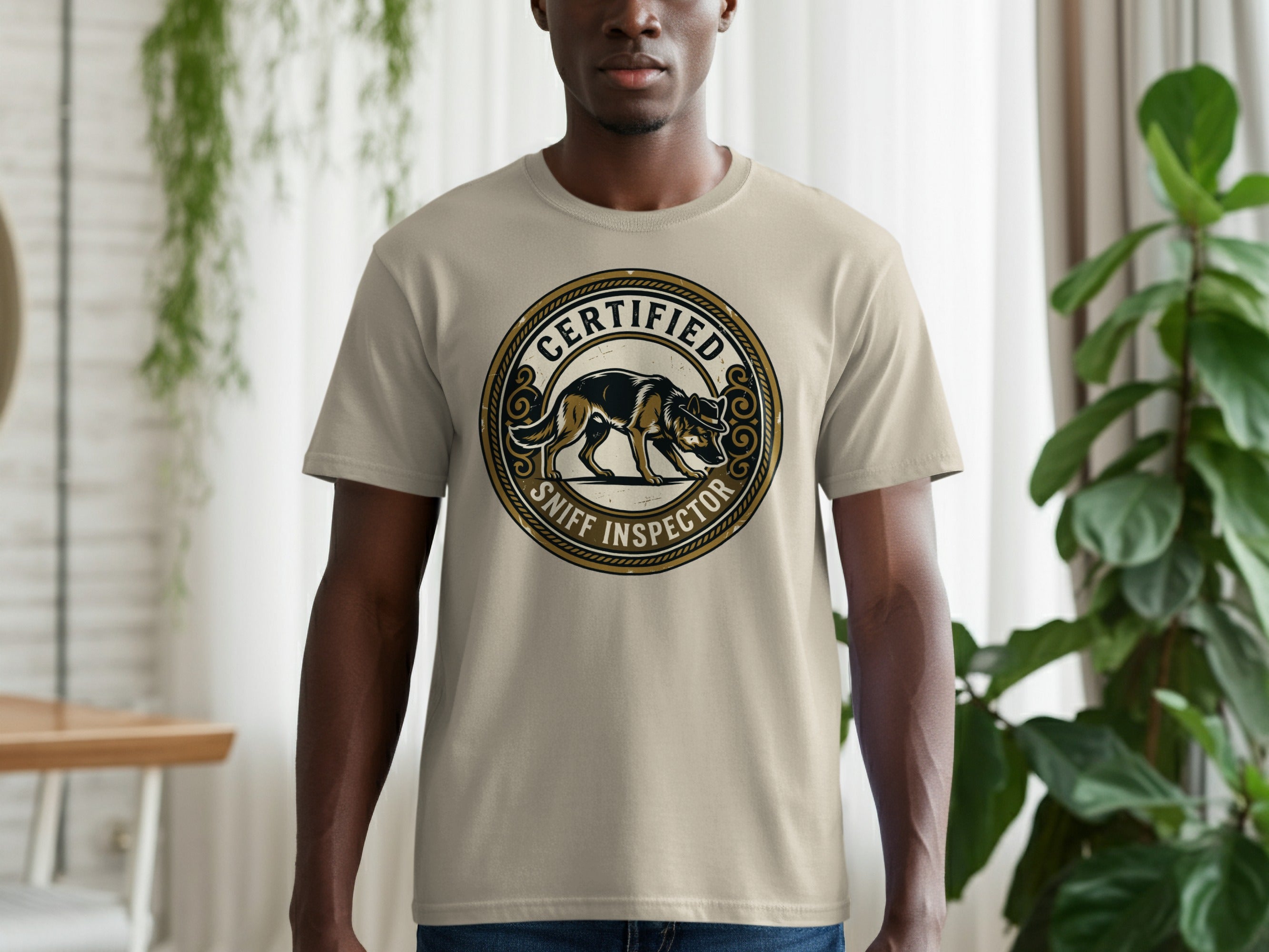 T-shirt featuring a circular emblem with a wolf and "Certified Sniff Inspector" text.