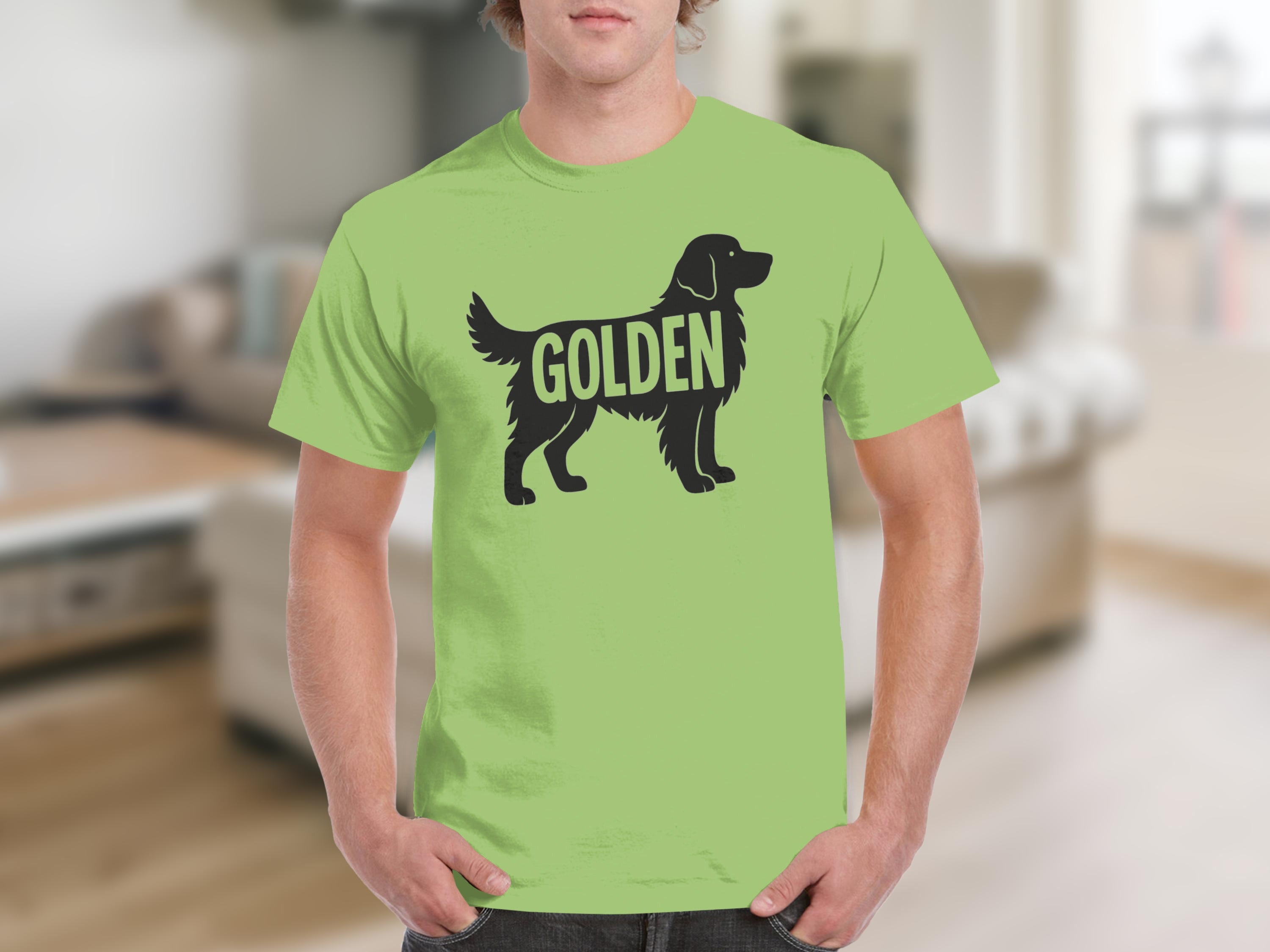 Unisex lime green t-shirt with black silhouette of a Golden Retriever dog and the word GOLDEN.