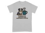 Grey t-shirt with Australian Shepherd and coffee cup graphic, text "POWERED BY AUSTRALIAN SHEPHERD & COFFEE".