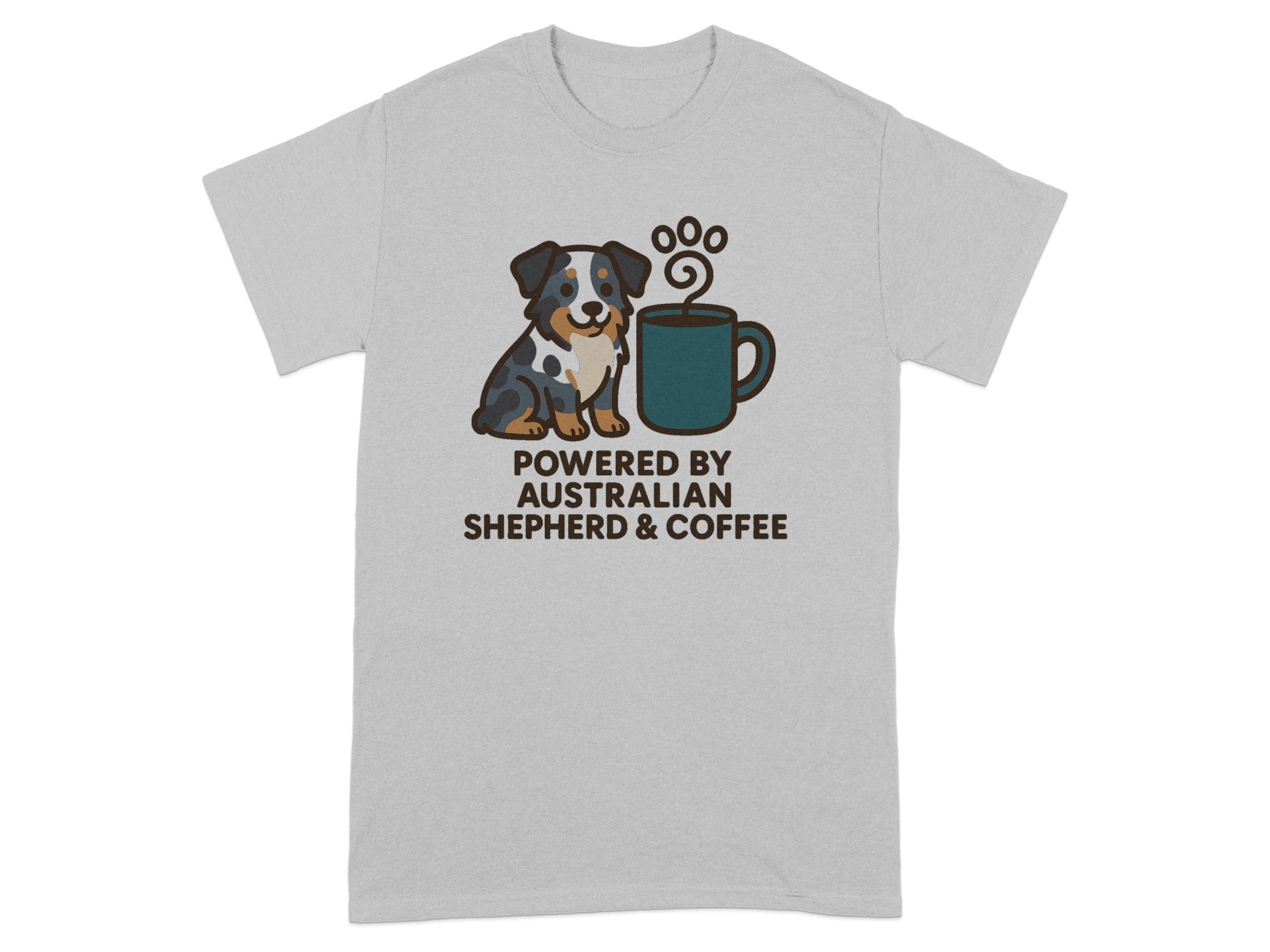 Grey t-shirt with Australian Shepherd and coffee cup graphic, text "POWERED BY AUSTRALIAN SHEPHERD & COFFEE".