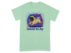 Mint t-shirt with a watercolor pug and "Unleash the Joy" text.