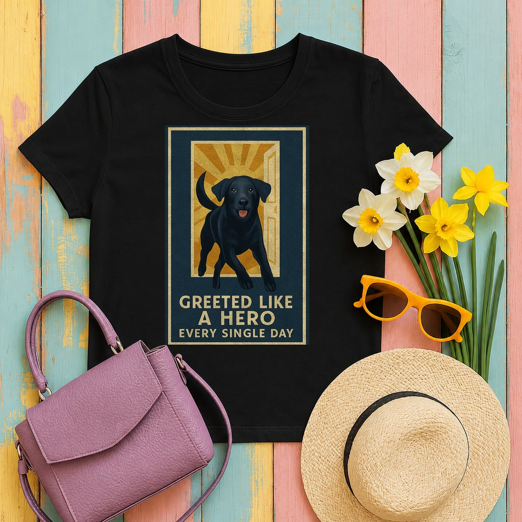 Black Lab Greeted Like a Hero T-shirt in Black