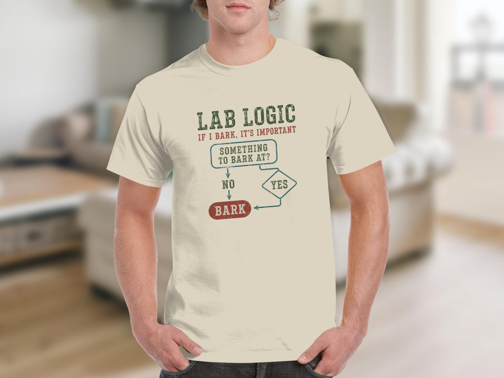 Cream t-shirt with "Lab Logic" flowchart about barking.