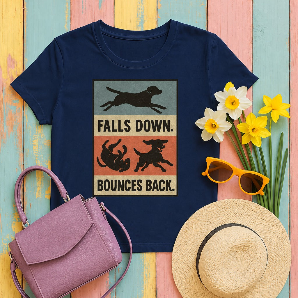 Chocolate Lab Falls Down Bounces Back T-shirt in Navy