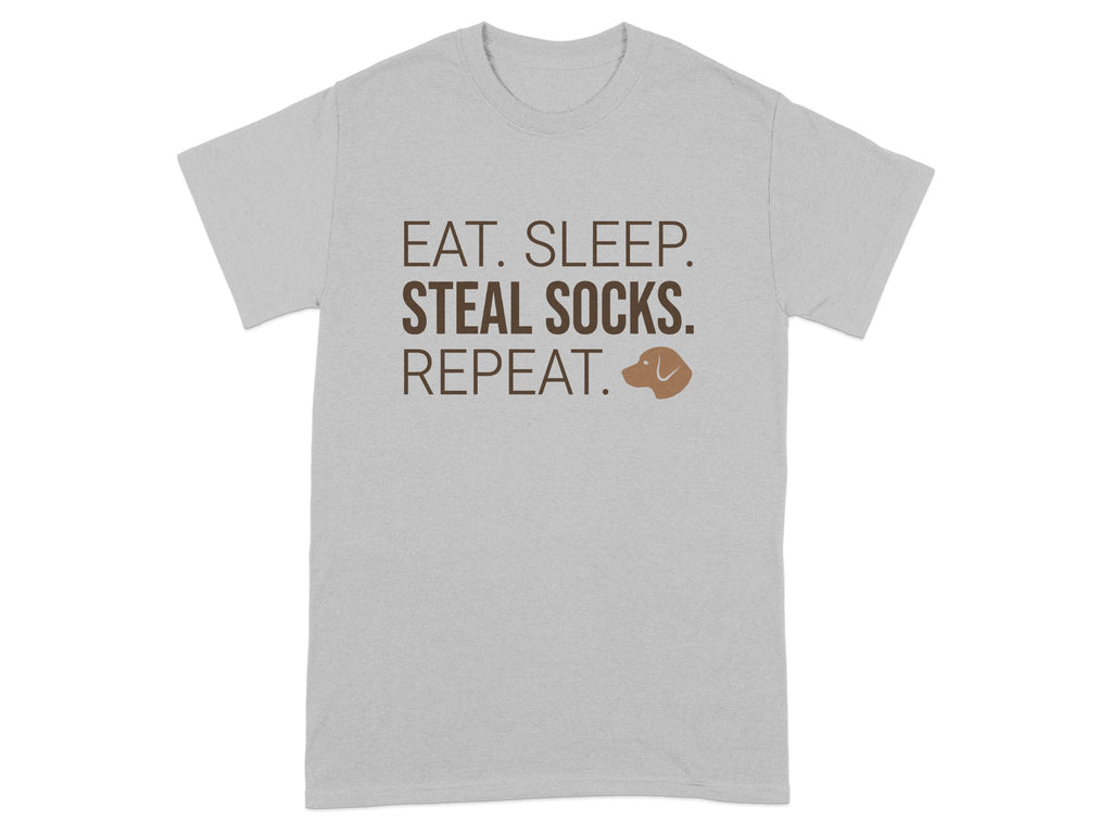 Gray t-shirt with "EAT. SLEEP. STEAL SOCKS. REPEAT." text and dog icon.